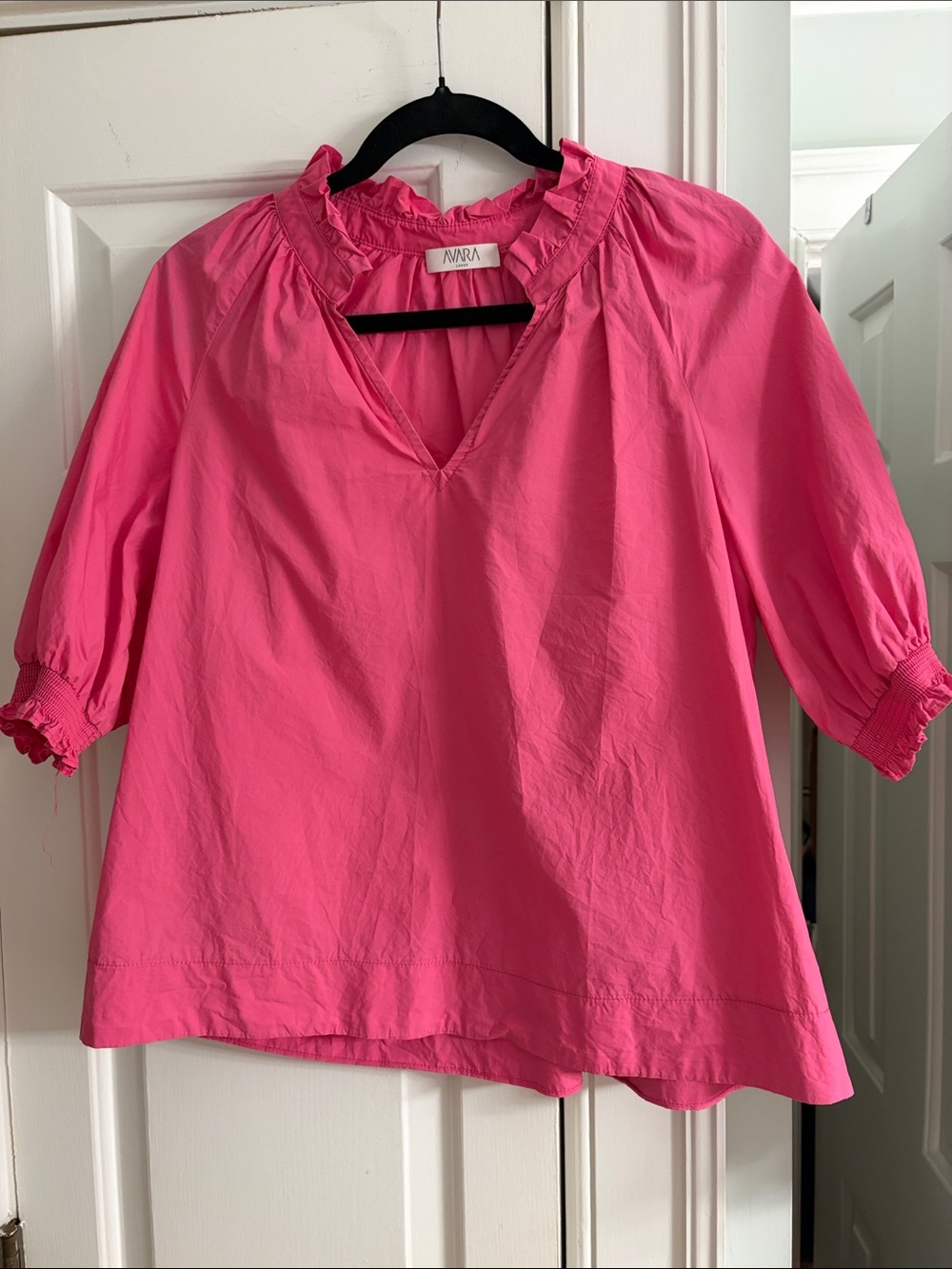 AVARA Pink Ruffle-Trim V-Neck Blouse